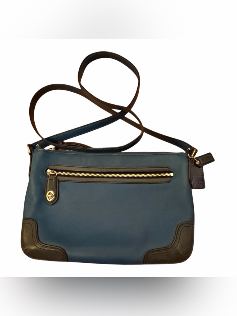 Vintage Y2K Coach Blue Leather Shoulder Bag Black Trim Zip Purse